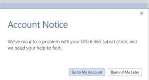 MS Office error \&quot;We&#039;ve run into a problem with Microsoft 365 subscription\&quot;