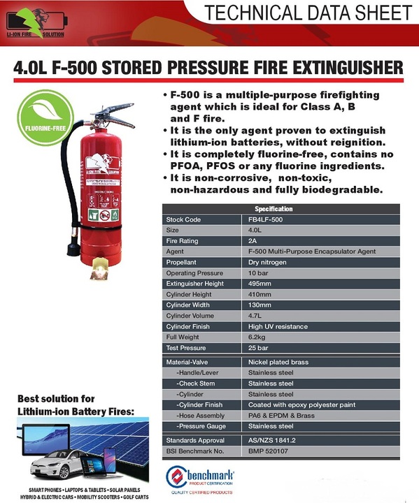 F-500 Fire Extinguisher Suitable for Lithium-Ion Battery Fires
